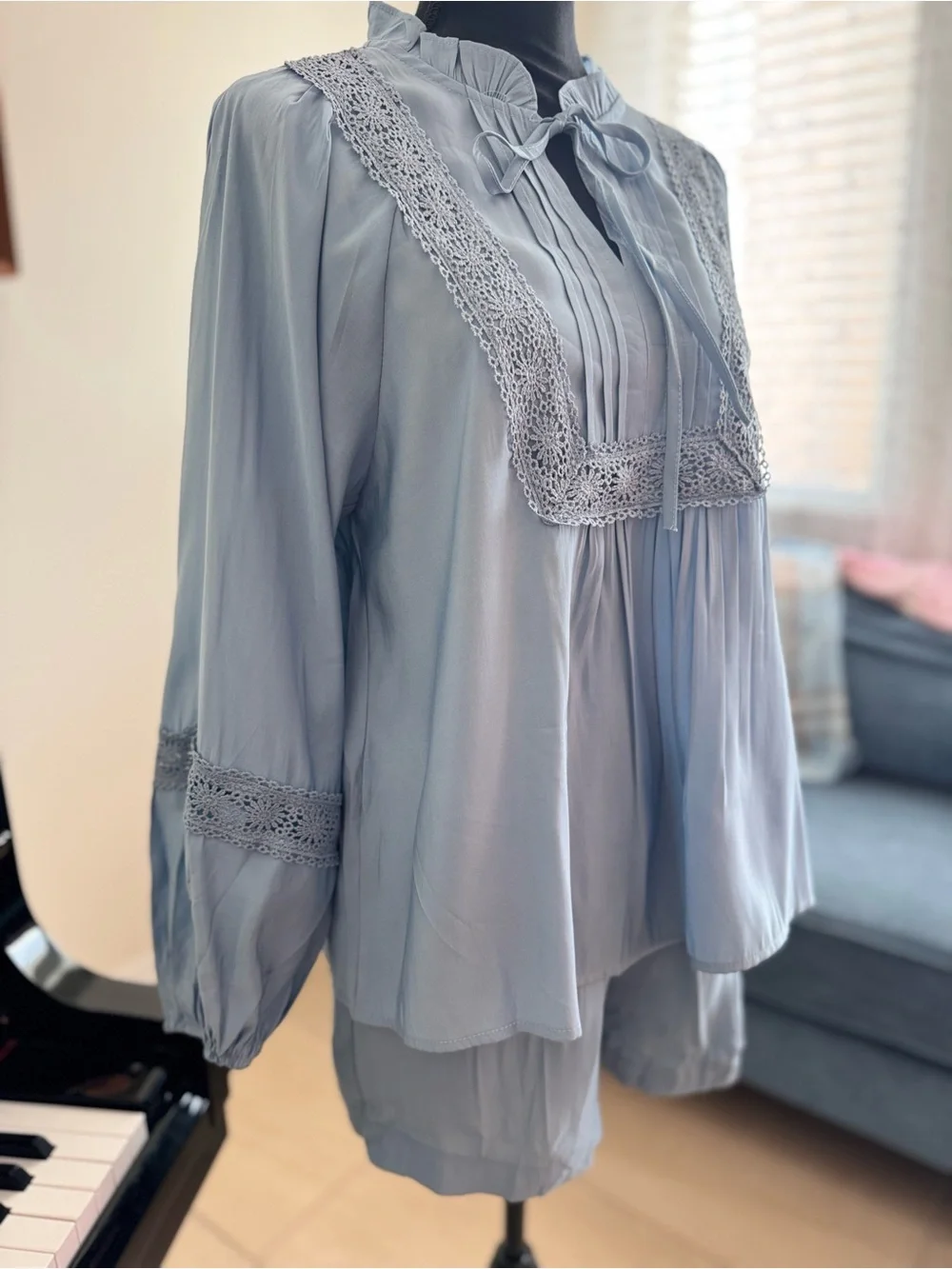Women's Light Blue Lace-Trim Sleep Set